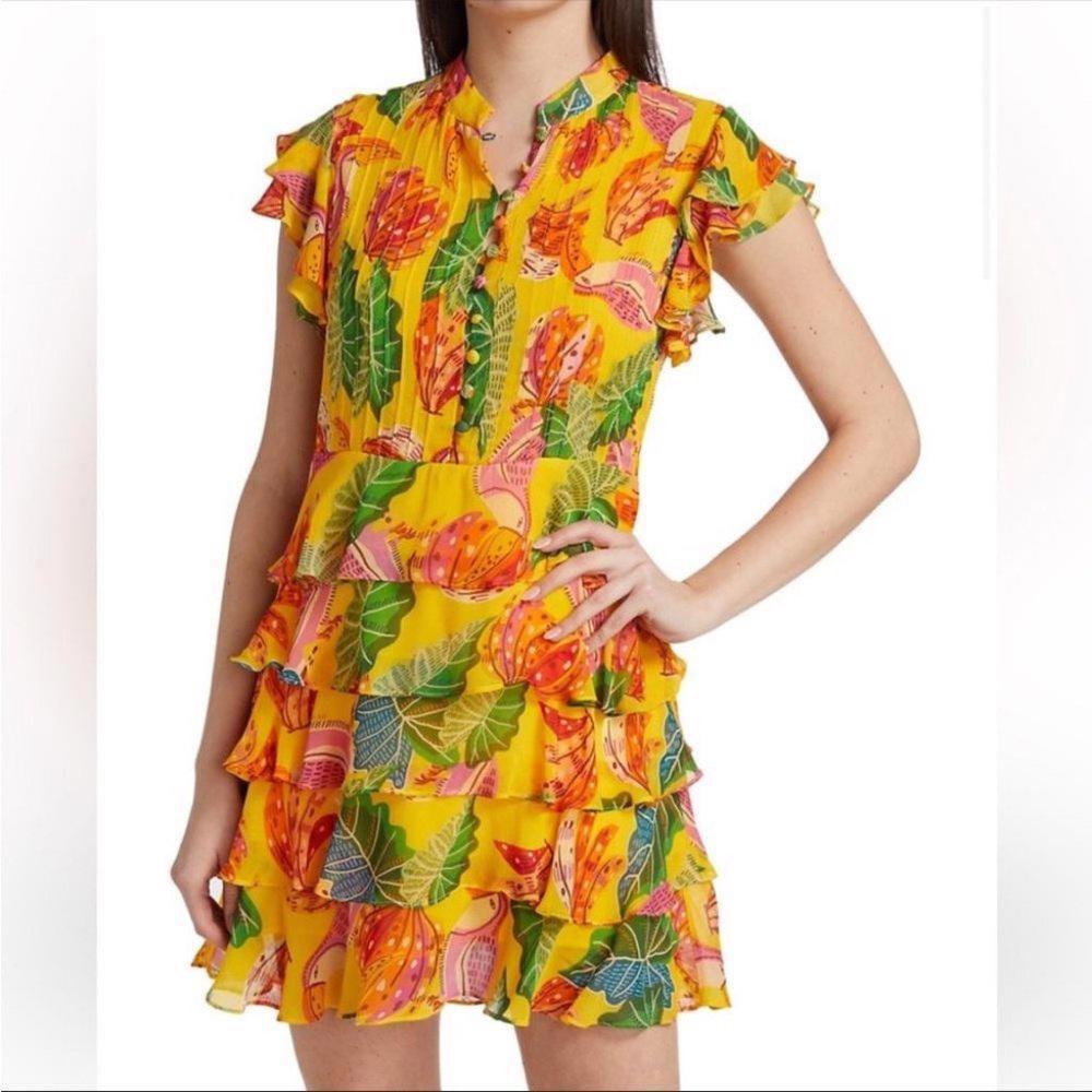 FARM RIO Womens Beaks & Bananas Ruffle Mini Dress Yellow‎ Size S New